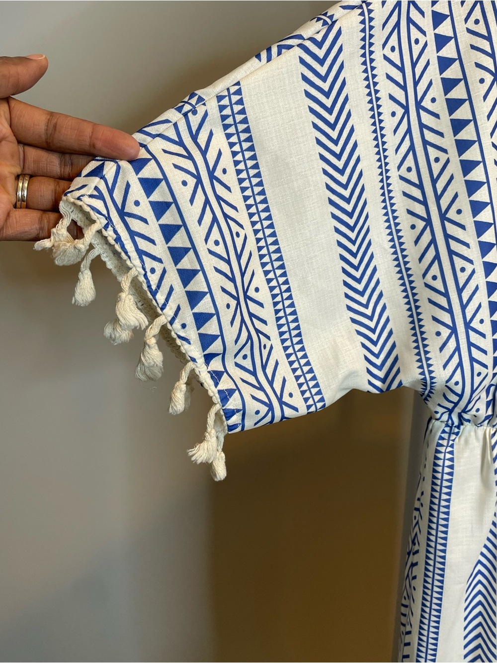 Blue and Cream V-Neck Boho Tassel Poolside Cover-Up/Dress - Picture 5 of 7